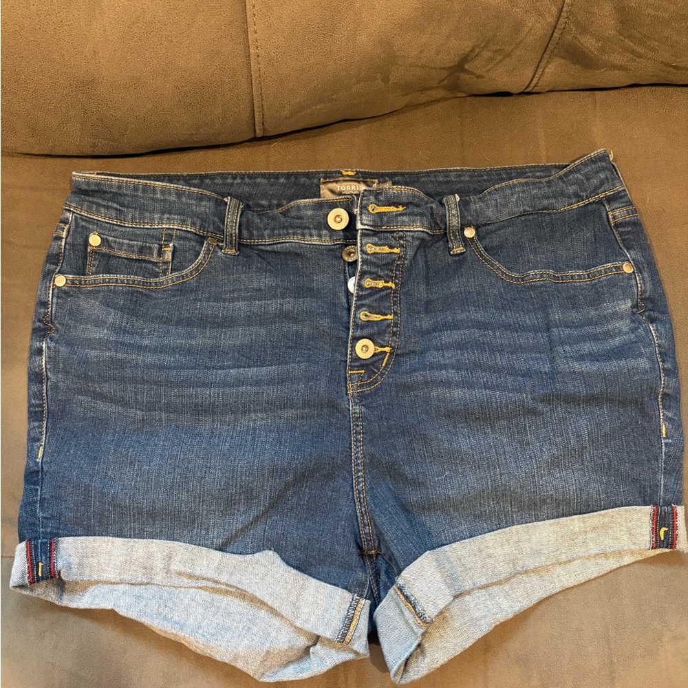 Torrid Blue Jean Shorts with Rolled Hems and Distressed Details